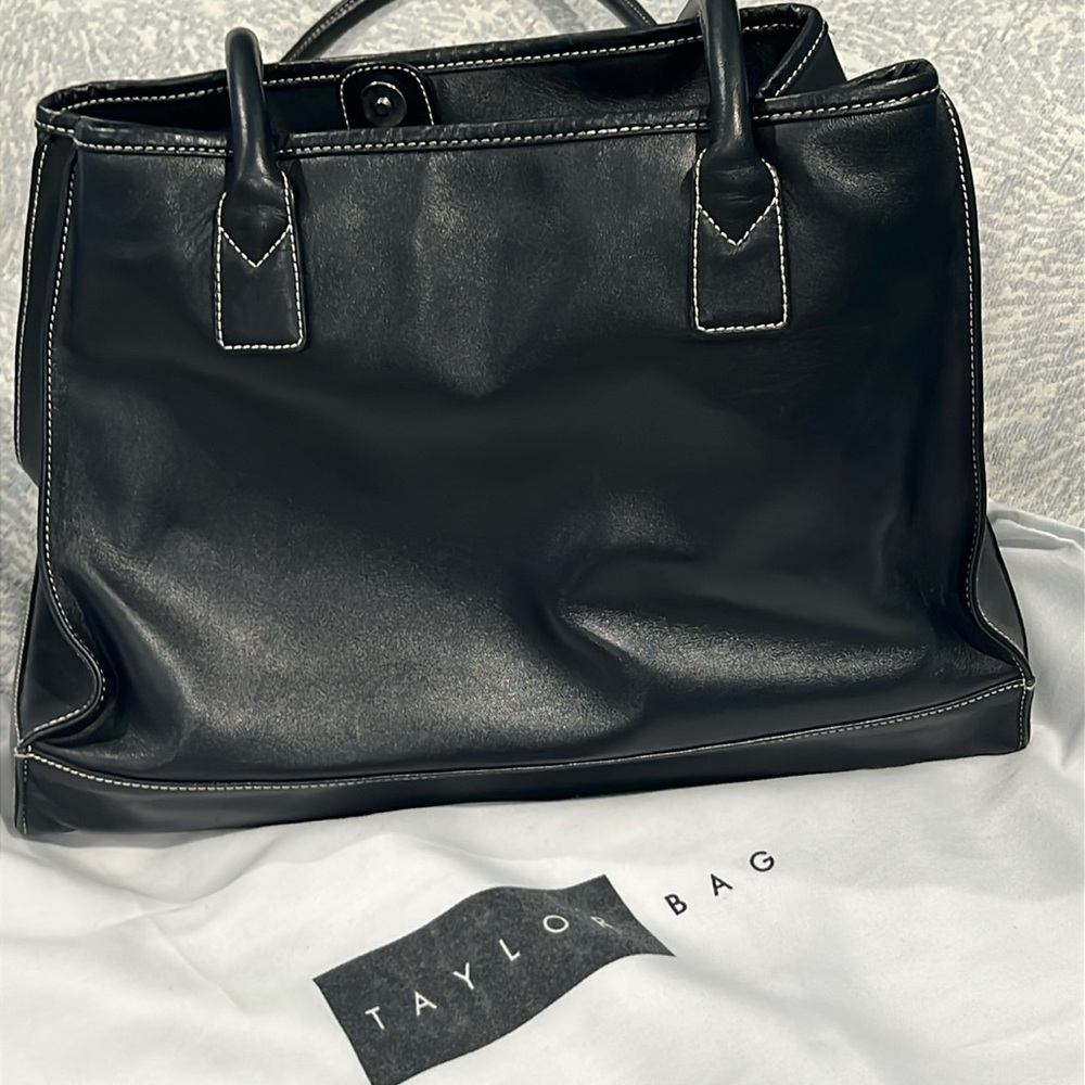 Black Genuine Leather Tote Bag with Double Handles. Zip out removable lining.